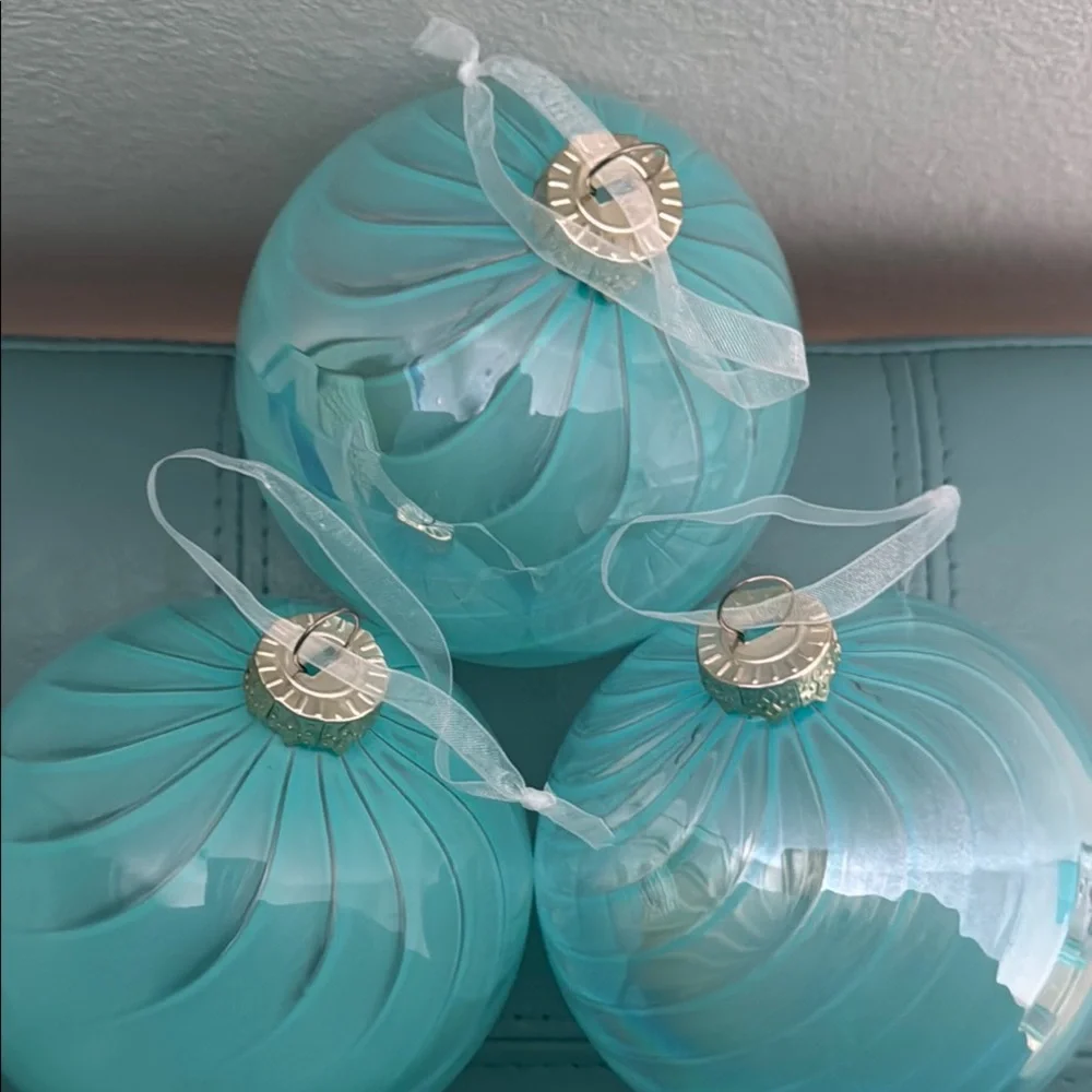 3 Large Iridescent Aqua Glass Holiday Ornaments